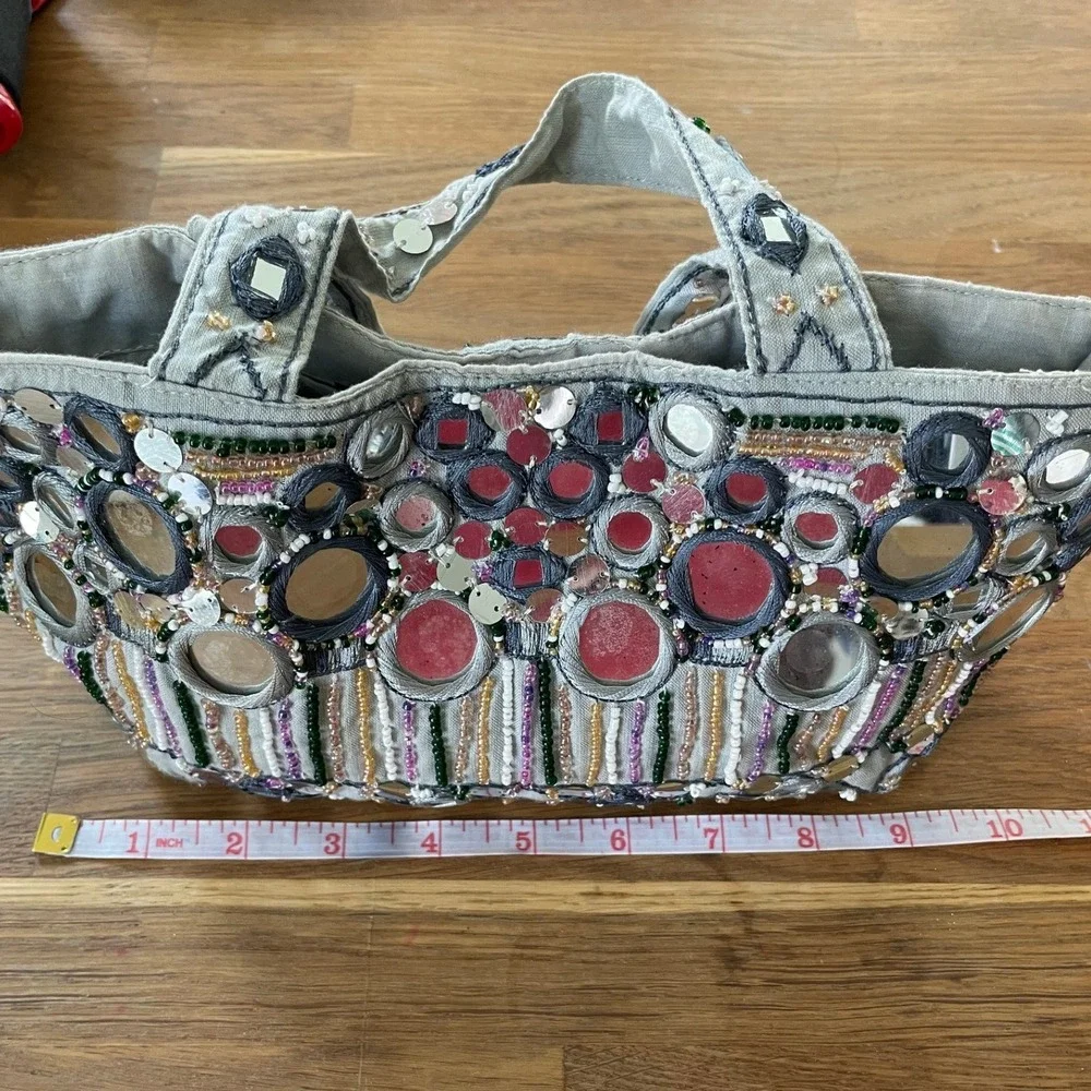 XOXO Vintage Y2K Boho Shisha Mirror Embellished Beaded Cotton Mini Tote Bag Gray - Picture 9 of 10